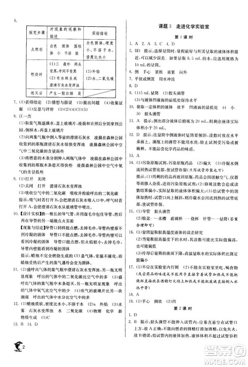 江苏人民出版社2020年实验班提优训练九年级上化学RMJY人教版答案
