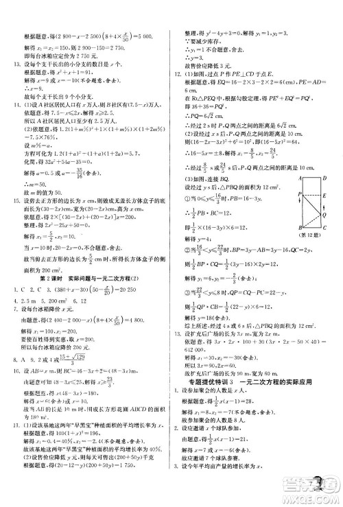 江苏人民出版社2020年实验班提优训练九年级上数学RMJY人教版答案