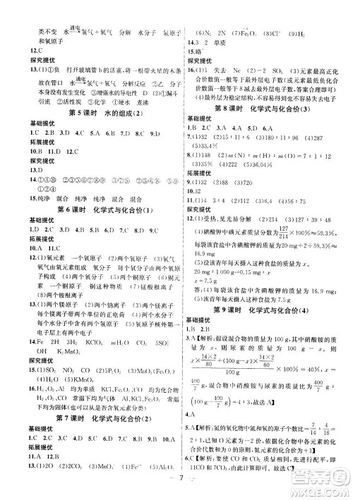 南京大学出版社2020年提优训练课课练九年级上册化学国标全国版答案