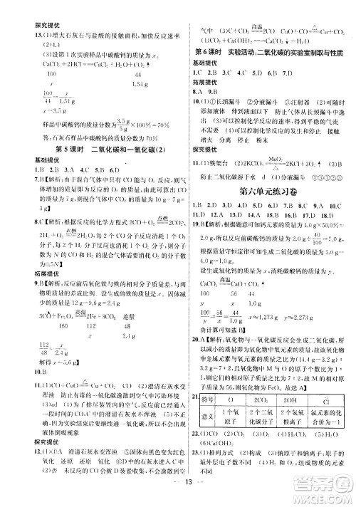 南京大学出版社2020年提优训练课课练九年级上册化学国标全国版答案