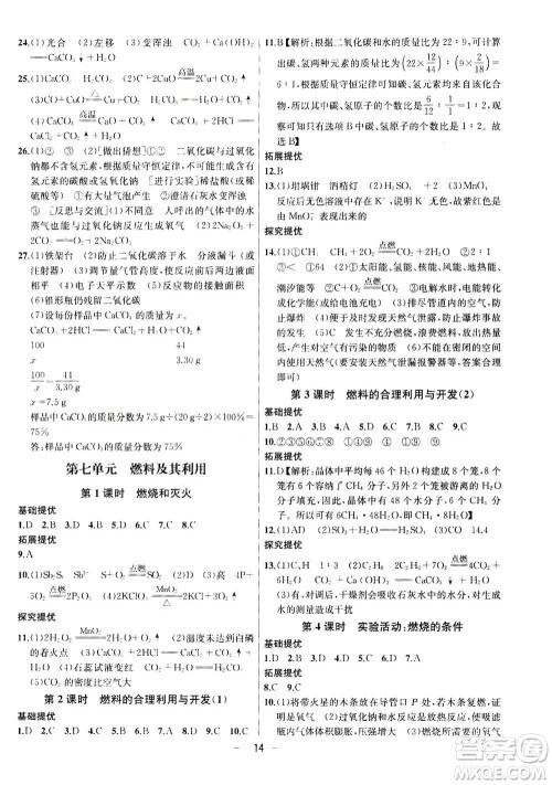 南京大学出版社2020年提优训练课课练九年级上册化学国标全国版答案