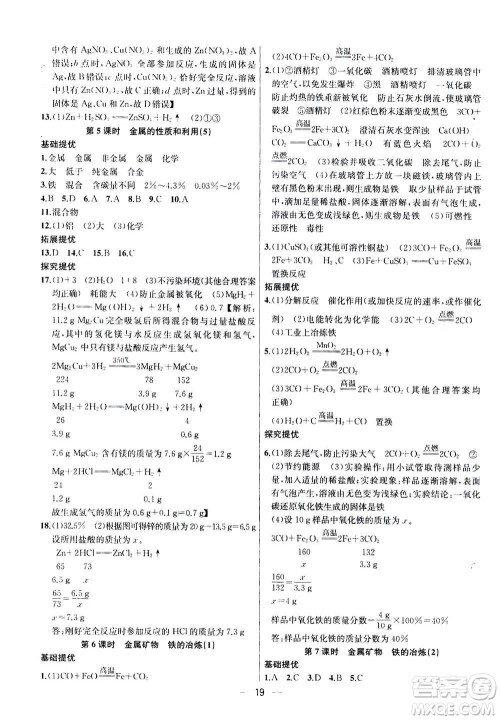 南京大学出版社2020年提优训练课课练九年级上册化学国标上海版答案