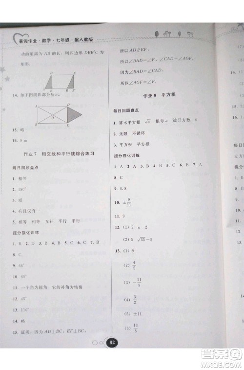 2019年暑假作业七年级数学人教版参考答案