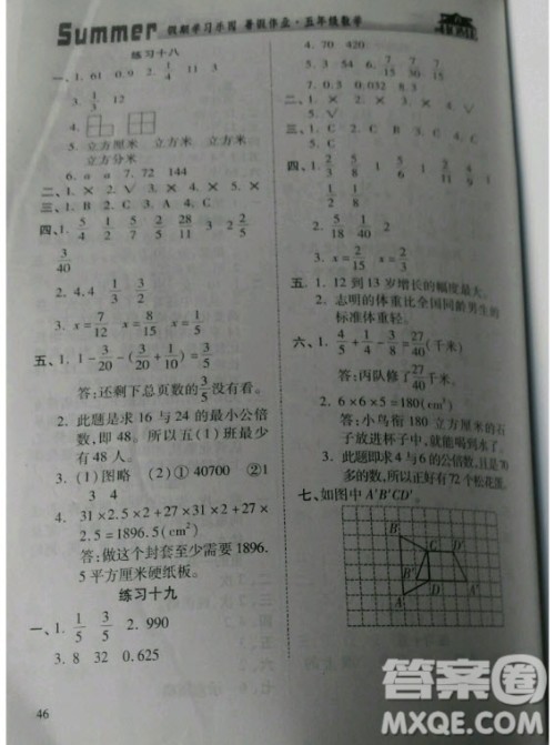 2019年假期学习乐园暑假作业五年级数学人教版答案