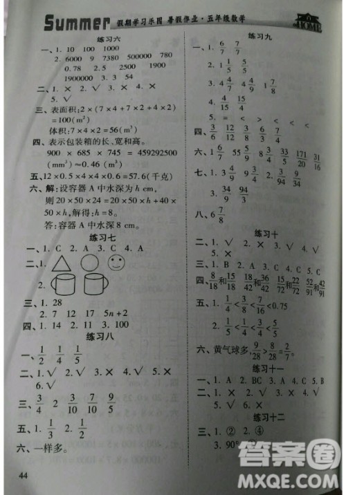 2019年假期学习乐园暑假作业五年级数学人教版答案