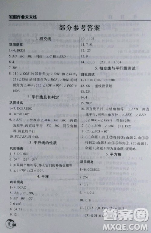 文心出版社2020年暑假作业天天练七年级数学通用版参考答案