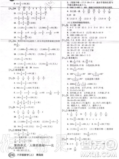 青岛出版社2020年数学课后练习六年级上册青岛版答案