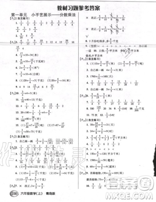 青岛出版社2020年数学课后练习六年级上册青岛版答案