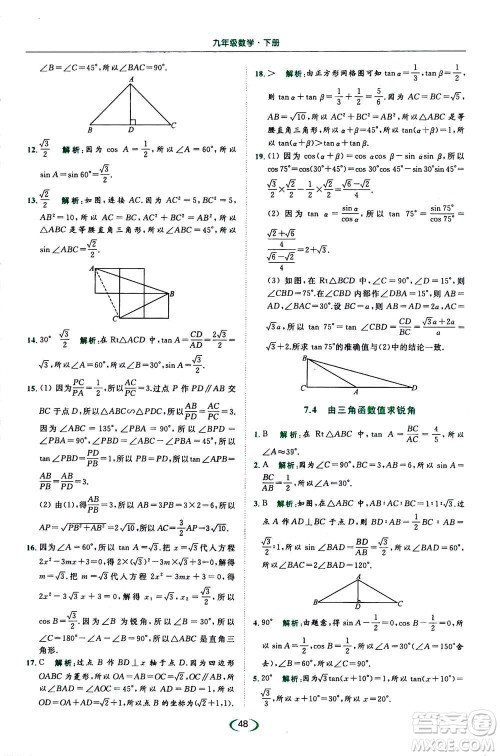 2020年亮点给力提优课时作业本数学九年级下册苏教版参考答案 2020年亮点给力提优课时作业本数学九年级下册苏教版参考答案
