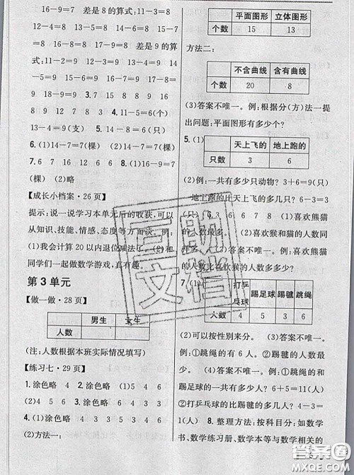 人民教育出版社2021年课本教材一年级数学下册人教版参考答案