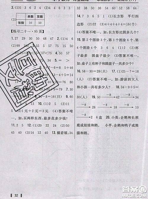 人民教育出版社2021年课本教材一年级数学下册人教版参考答案