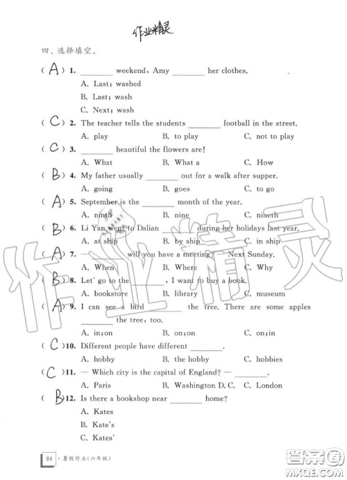教育科学出版社2020暑假作业六年级合订本通用版参考答案