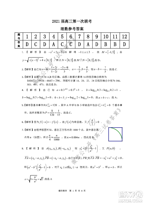 皖江名校2021届高三第一次联考理科数学试题及答案