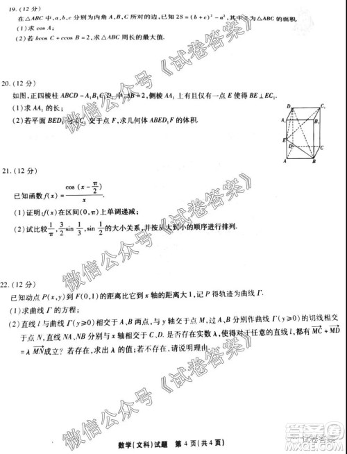 江淮十校2021届高三第一次联考文科数学试题及答案