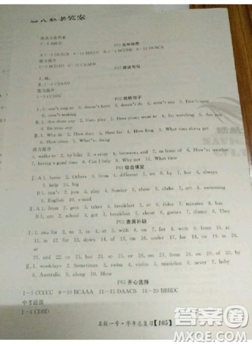 延边大学出版社2020年名校一号学年总复习七年级英语人教版答案