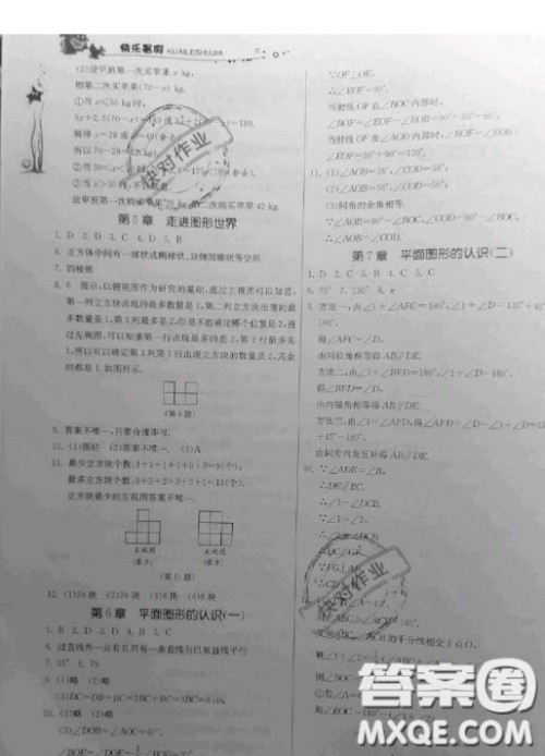 江苏人民出版社2020快乐暑假作业七年级数学苏科版答案