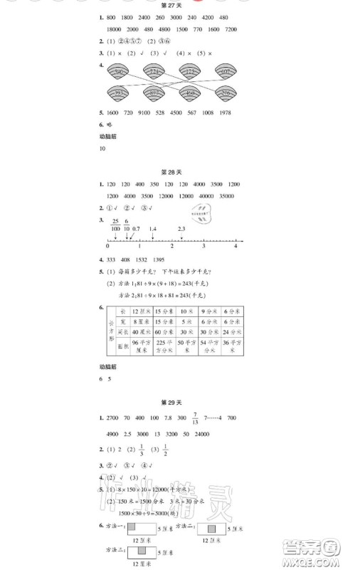 浙江教育出版社2020年暑假作业本三年级数学科学参考答案