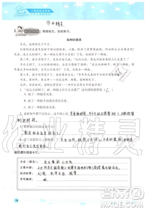 晨光出版社2020年云南省标准教辅小学生暑假活动三年级通用版答案