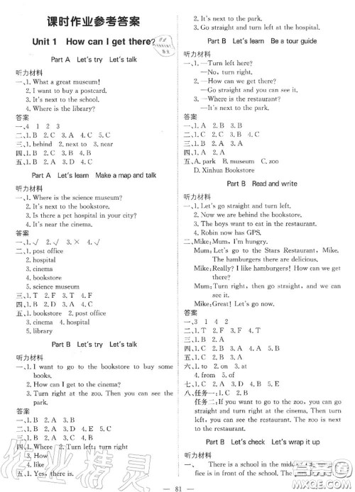 2020年秋1加1轻巧夺冠优化训练六年级英语上册人教版参考答案