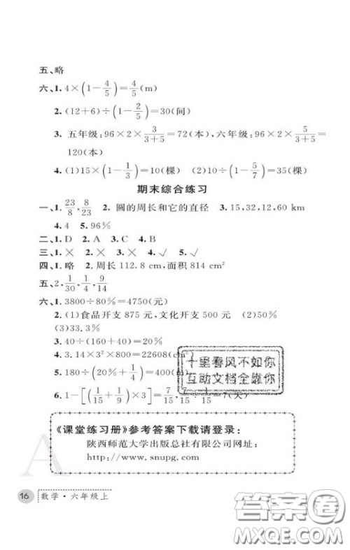 陕西师范大学出版社2020春课堂练习册六年级数学上册A版答案