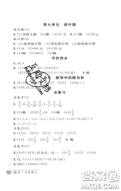 陕西师范大学出版社2020春课堂练习册六年级数学上册A版答案