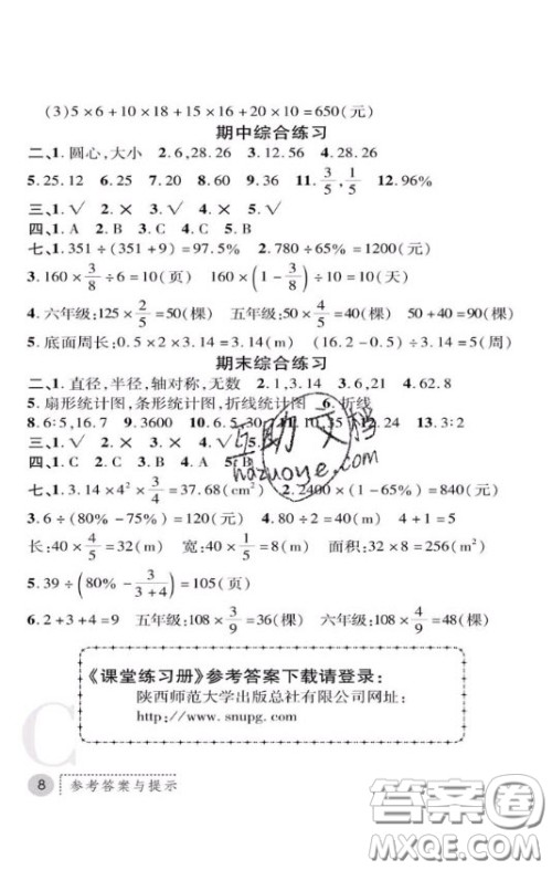 陕西师范大学出版社2020春课堂练习册六年级数学上册C版答案