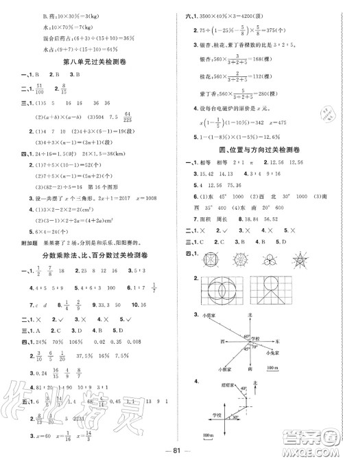 2020年秋阳光同学一线名师全优好卷六年级数学上册人教版参考答案