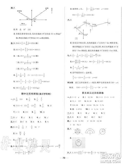 2020年秋阳光同学一线名师全优好卷六年级数学上册人教版参考答案