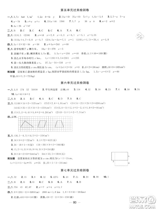 2020年秋阳光同学一线名师全优好卷五年级数学上册人教版参考答案