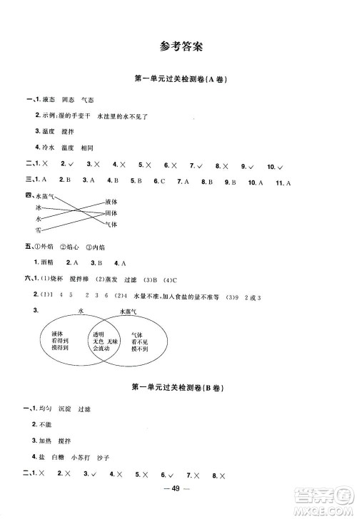2020年阳光同学一线名师全优好卷三年级上册科学JK教科版答案 2020年阳光同学一线名师全优好卷三年级上册科学JK教科版答案