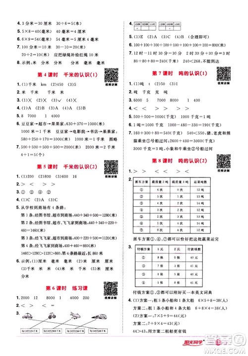 2020年阳光同学课时达标训练数学三年级上册R人教版浙江专版答案