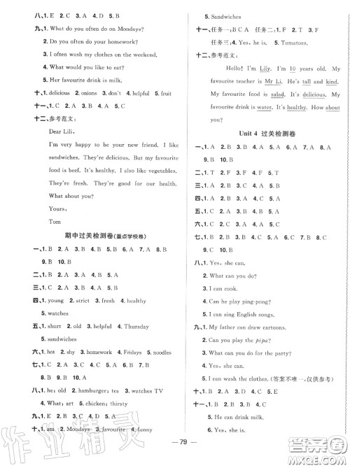 2020年秋阳光同学一线名师全优好卷五年级英语上册人教版参考答案