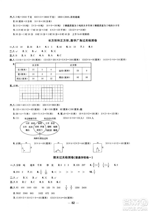 2020年阳光同学一线名师全优好卷三年级上册数学RJ人教版广东专版答案