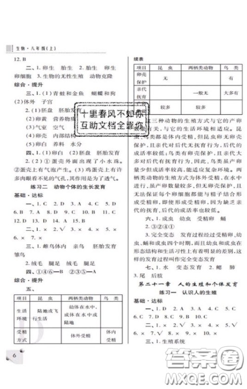 2020年课堂练习册八年级生物上册D版答案