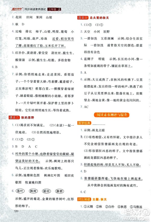 2020年阳光同学同步阅读素养测试小学语文三年级上册通用版答案 2020年阳光同学同步阅读素养测试小学语文三年级上册通用版答案