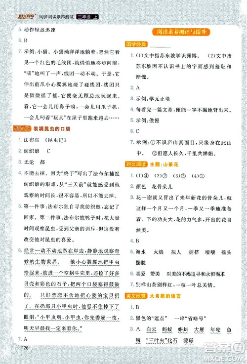 2020年阳光同学同步阅读素养测试小学语文三年级上册通用版答案 2020年阳光同学同步阅读素养测试小学语文三年级上册通用版答案