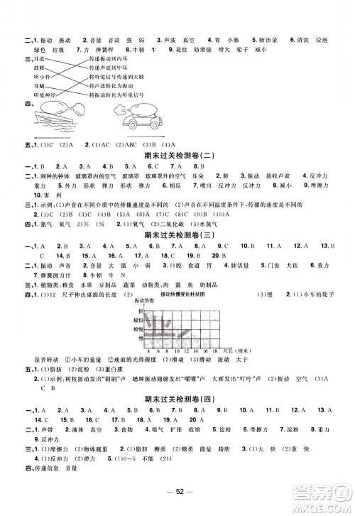 2020年阳光同学一线名师全优好卷四年级上册科学JK教科版答案