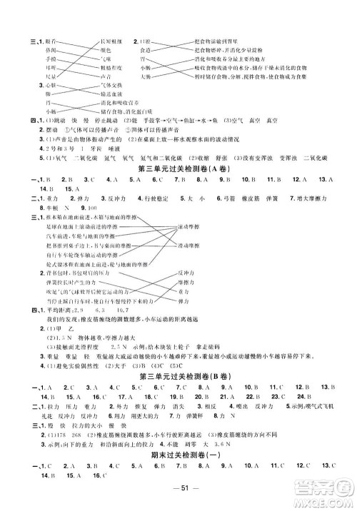 2020年阳光同学一线名师全优好卷四年级上册科学JK教科版答案