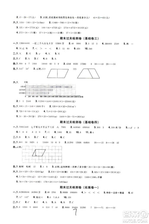 2020年阳光同学全优达标好卷数学四年级上册R人教版浙江专版答案