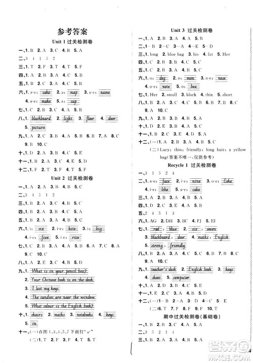 2020年阳光同学全优达标好卷英语四年级上册PEP人教版浙江专版答案 2020年阳光同学全优达标好卷英语四年级上册PEP人教版浙江专版答案