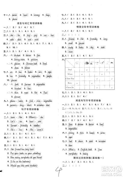 2020年阳光同学全优达标好卷英语四年级上册PEP人教版浙江专版答案 2020年阳光同学全优达标好卷英语四年级上册PEP人教版浙江专版答案