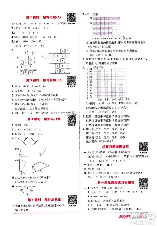 2020年阳光同学课时达标训练数学四年级上册R人教版浙江专版答案