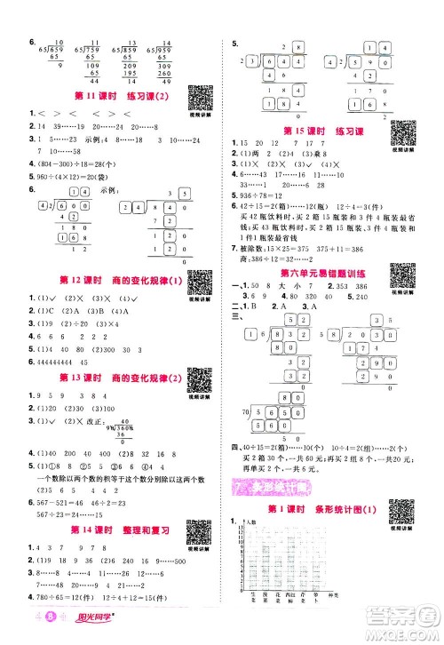 2020年阳光同学课时达标训练数学四年级上册R人教版浙江专版答案