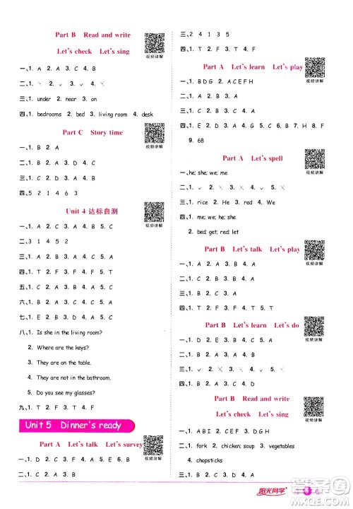 2020年阳光同学课时达标训练英语四年级上册PEP人教版浙江专版答案