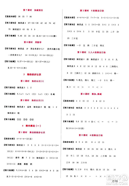 2020年阳光同学课时达标训练数学二年级上册R人教版浙江专版答案