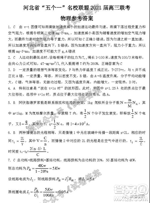 河北省五个一名校联盟2021届高三联考物理试题及答案