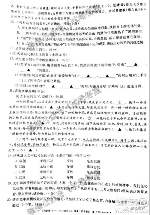 河北省五个一名校联盟2021届高三联考语文试题及答案 河北省五个一名校联盟2021届高三联考语文试题及答案