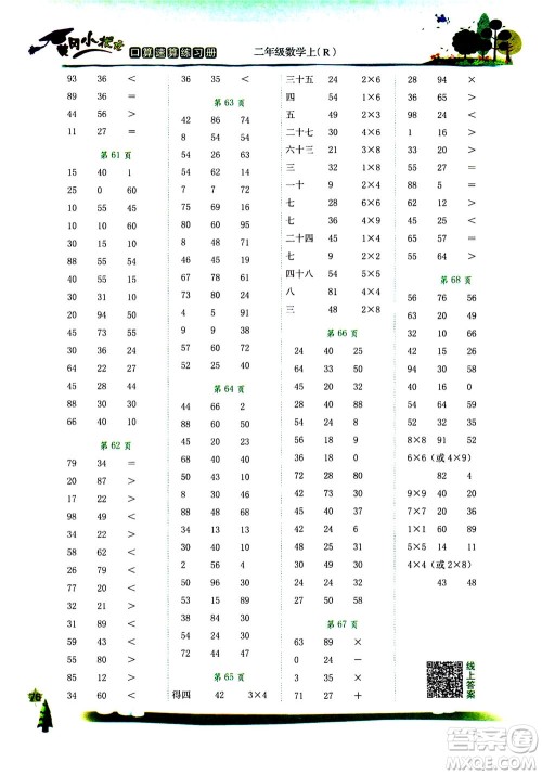 龙门书局2020年黄冈小状元口算速算练习册二年级上册数学R人教版答案