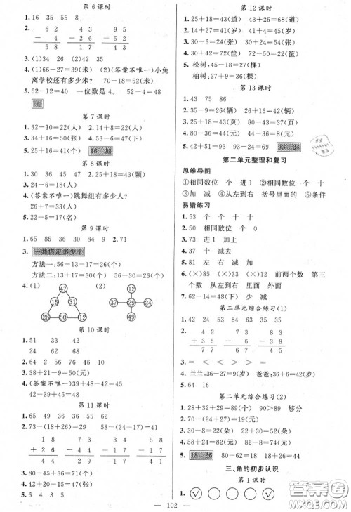 黄冈金牌之路2020秋练闯考二年级数学上册人教版参考答案