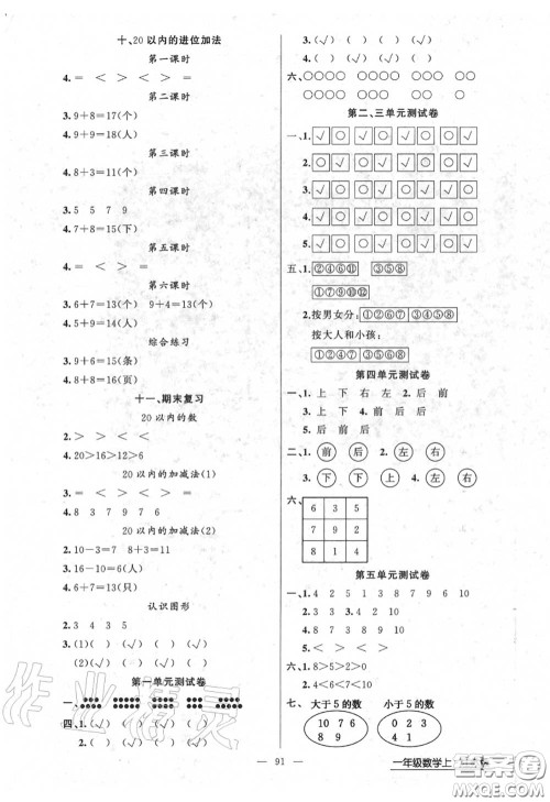 黄冈金牌之路2020秋练闯考一年级数学上册江苏版参考答案